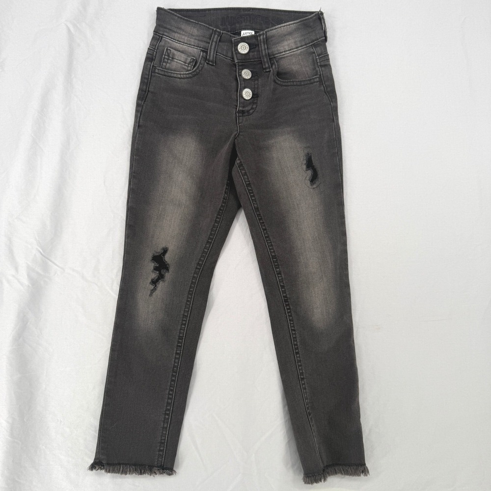 Justice Girls Black Distressed Jeans Size 7 Raw Hem Button Fly Faded